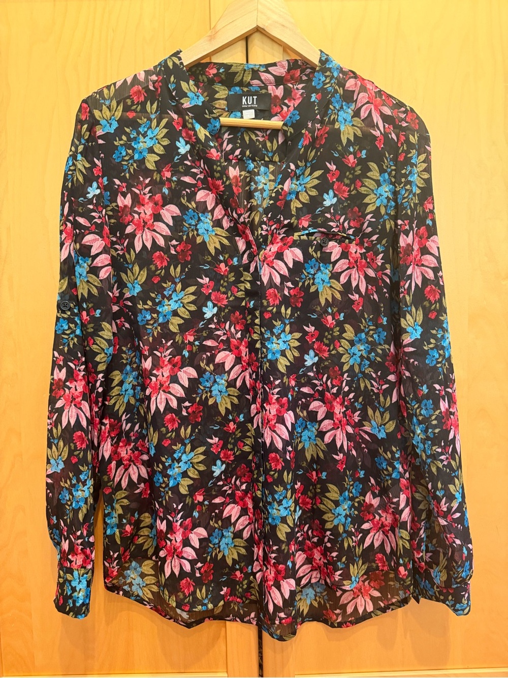 Kut from the Kloth Black Floral Button-Up Blouse with Pink & Blue Flowers